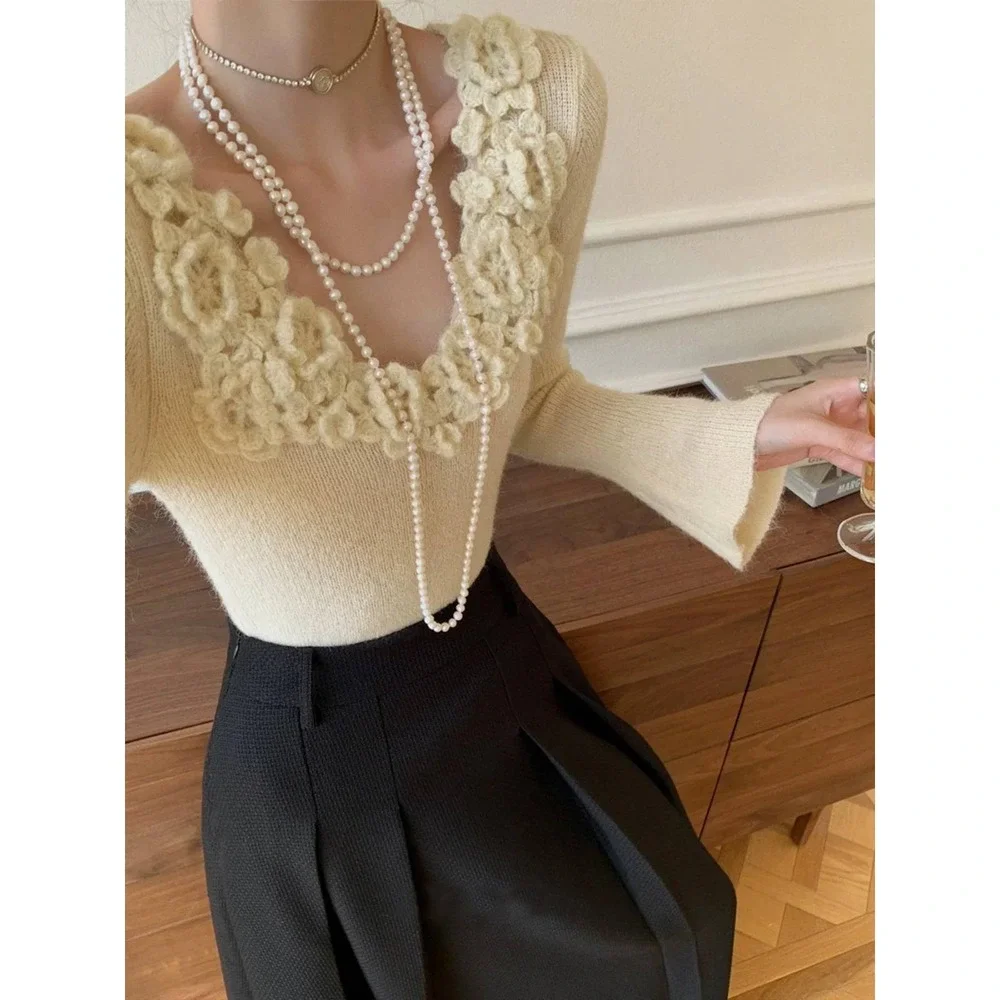 Commense Chic Cream Crochet Flower Trim V Neck Long Sleeve Crop Sweater Top L